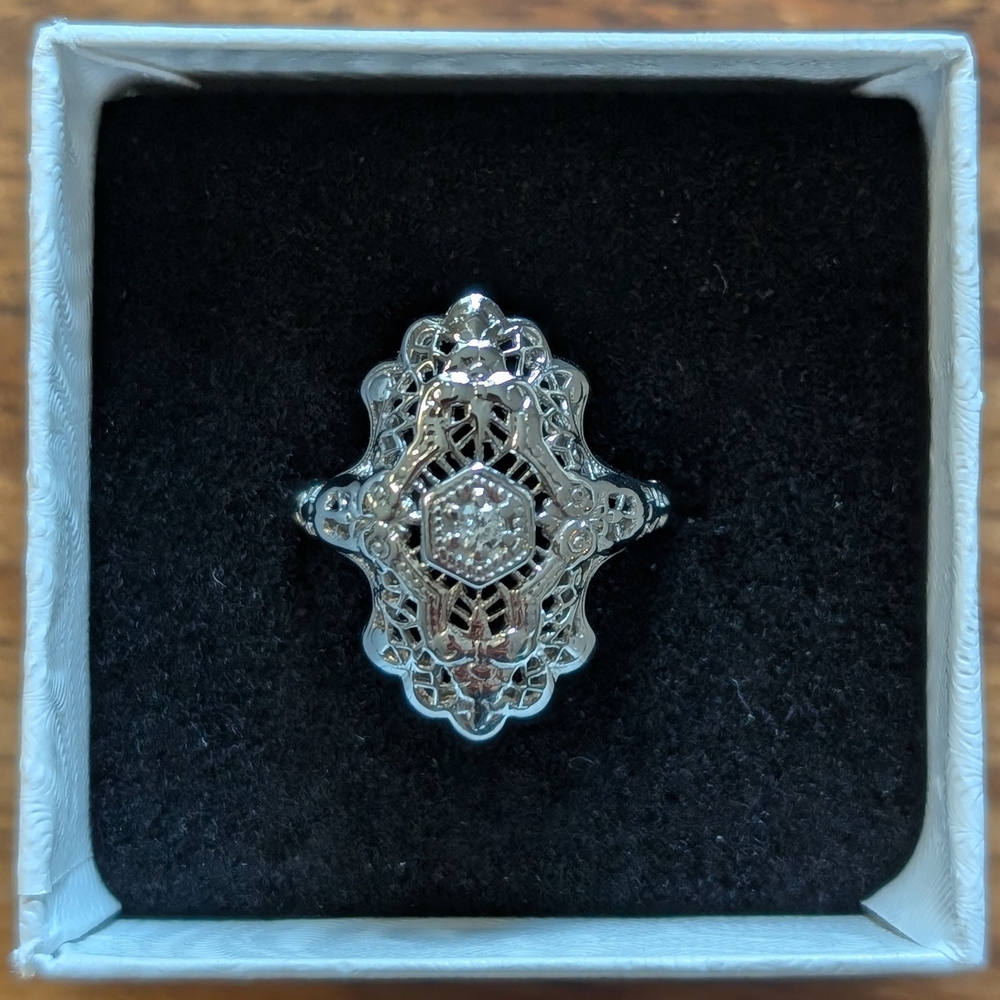 Art Deco Inspired Diamond Filigree Cocktail Ring in 14k White Gold Size 4